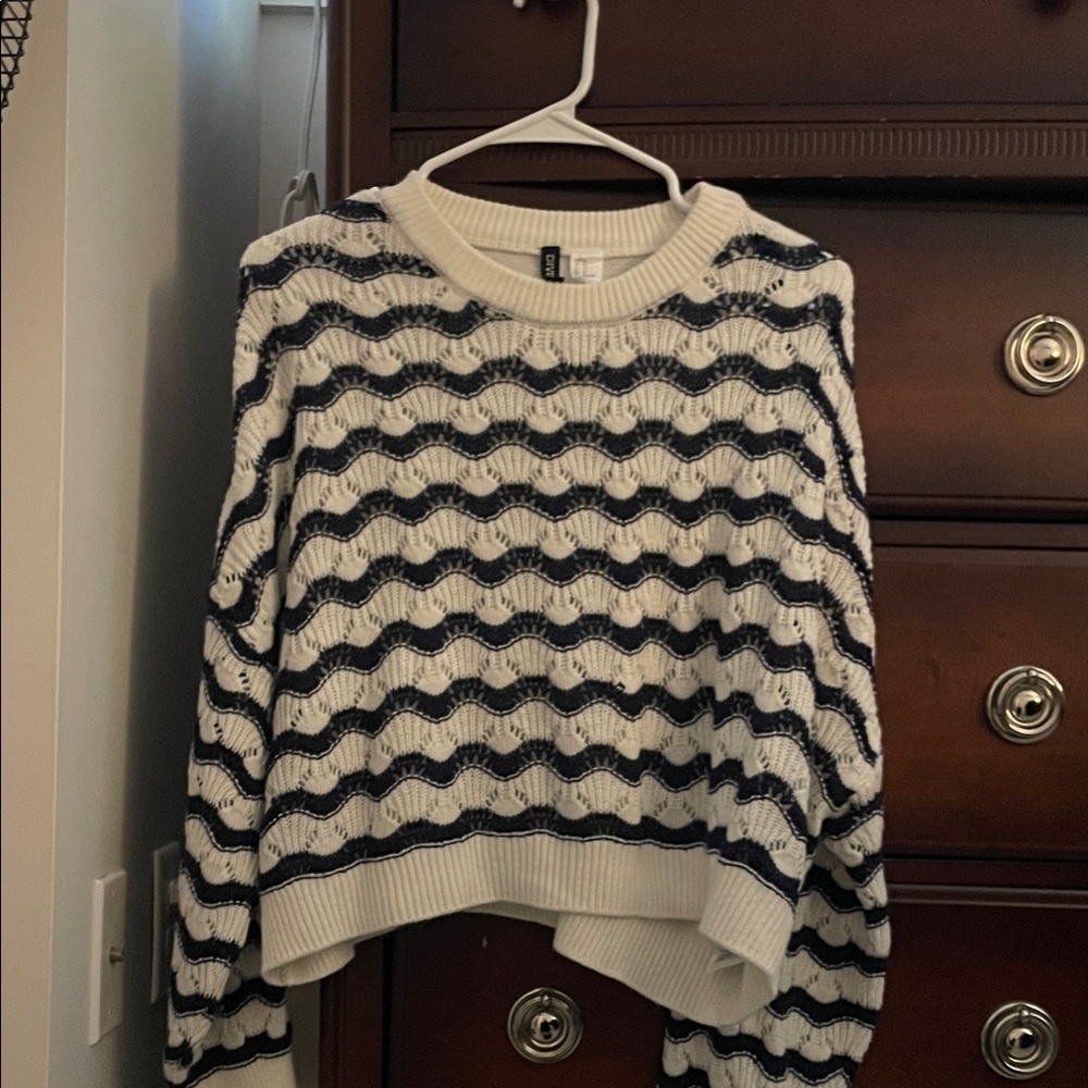 Women's Cropped Navy Blue and White Sweater